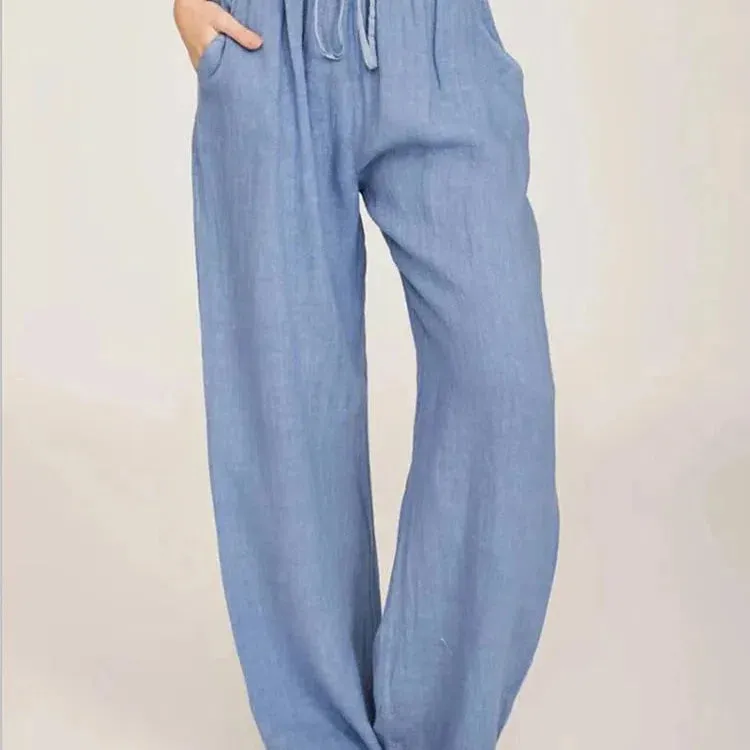 Women Cotton Linen Pants Summer and Autumn High Waist Wide-Leg Trousers Casual Breathable Hemp Sports Pants